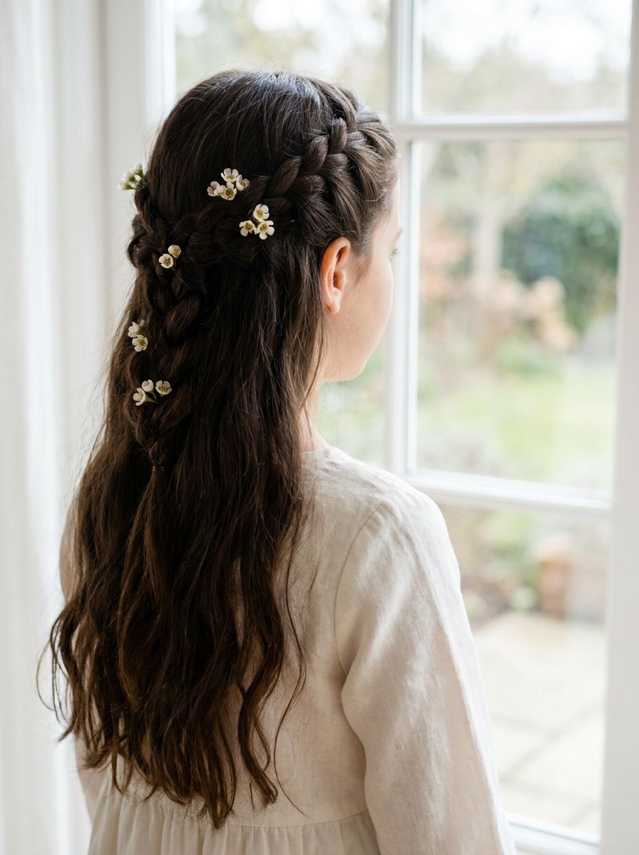 Half-Up mit Flechtzopf und kleinen weißen Blüten - Flechtfrisuren zur Kommunion
